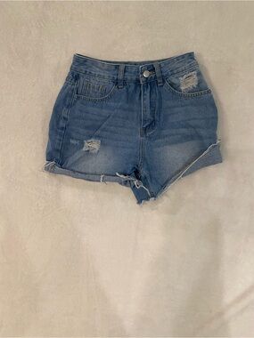 High-Rise Distressed Denim Shorts - Blue